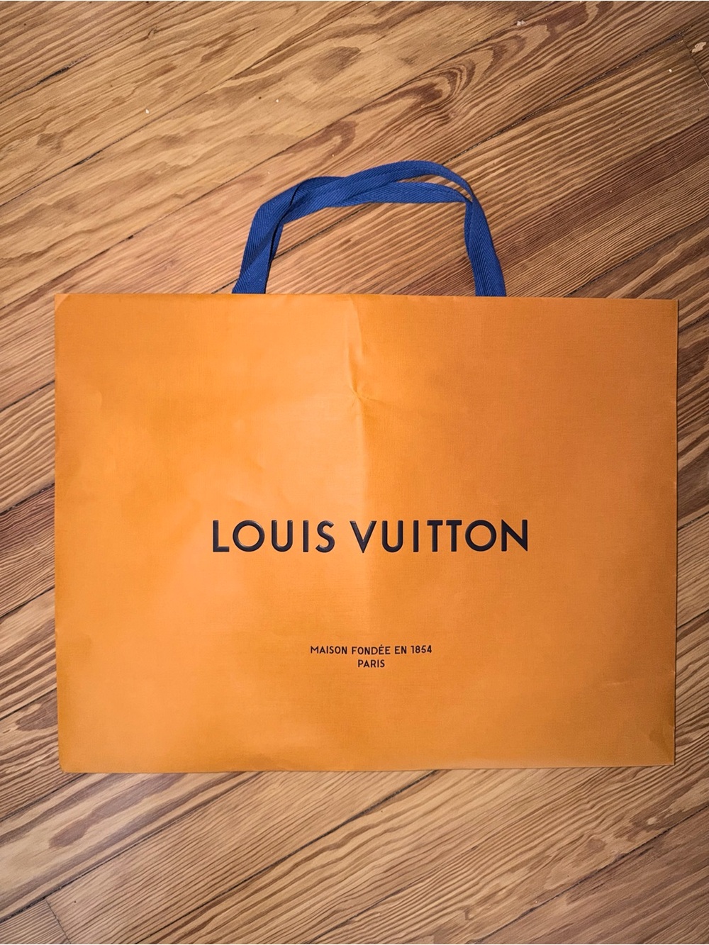 Louis Vuitton Orange Shopping Bag with Blue Handles